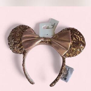 Disney Rose Gold Sequin Minnie Ear Headband with Metallic Bow